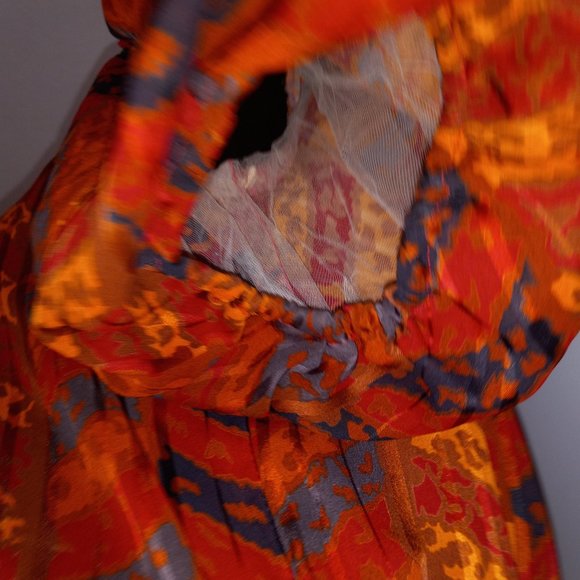 peplum, crew-neck, rust crepe printed dress, vintage from late 1970s-early 1980s - Picture 6 of 15